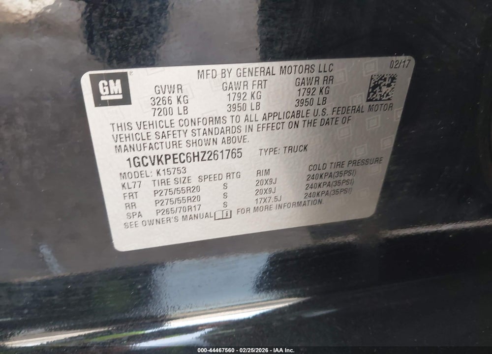 2017 CHEVROLET SILVERADO 1500 CUSTOM VIN: 1GCVKPEC6HZ261765