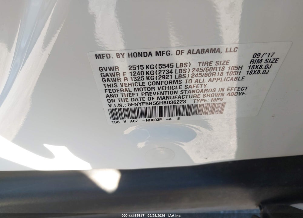 2017 HONDA PILOT EX-L VIN: 5FNYF5H56HB036223
