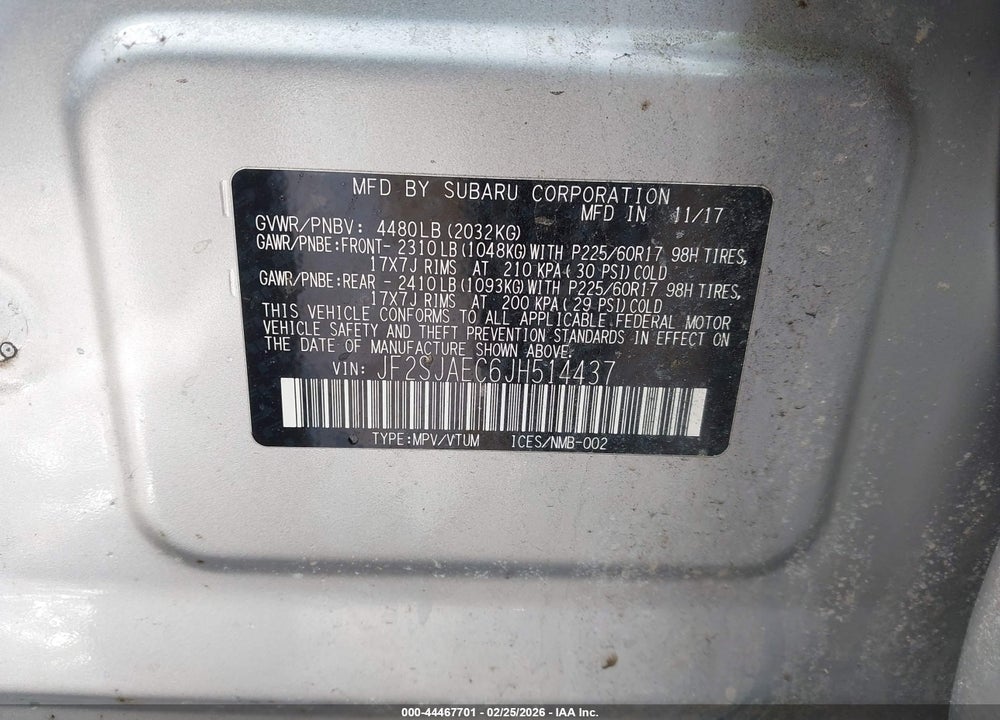 2018 SUBARU FORESTER 2.5I PREMIUM VIN: JF2SJAEC6JH514437