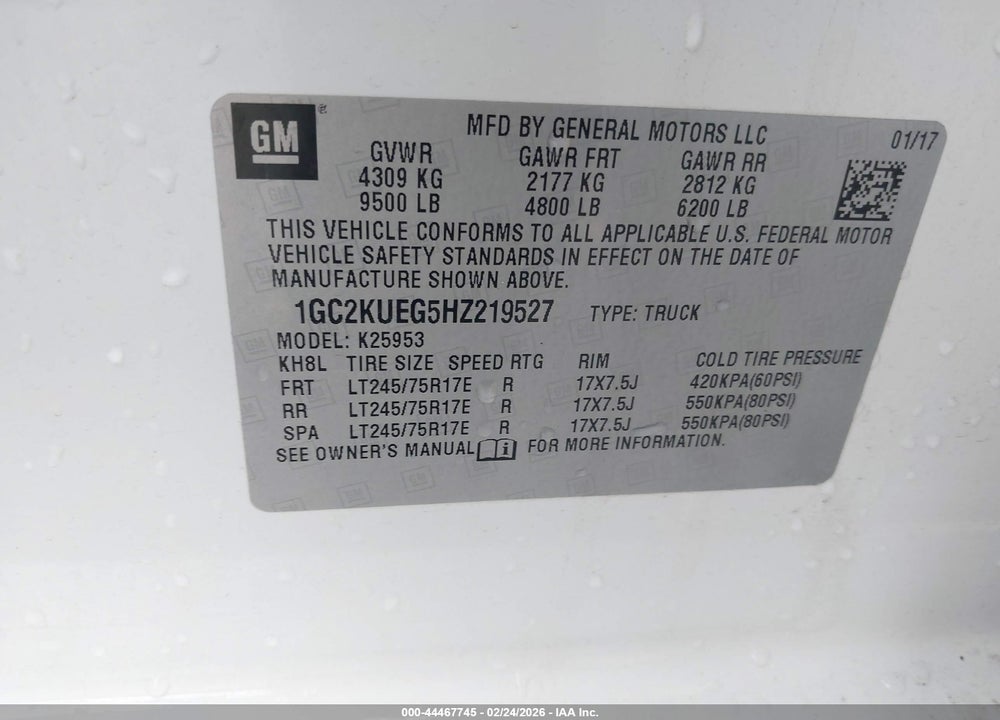 2017 CHEVROLET SILVERADO 2500HD WT VIN: 1GC2KUEG5HZ219527