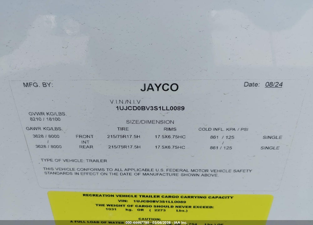 2025 JAYCO CAMPER VIN: 1UJCD0BV3S1LL0089