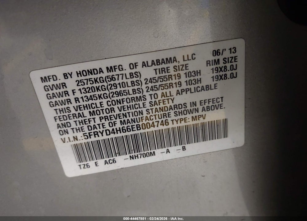 2014 ACURA MDX TECHNOLOGY PKG W/ENTERTAINMENT PKG VIN: 5FRYD4H66EB004746