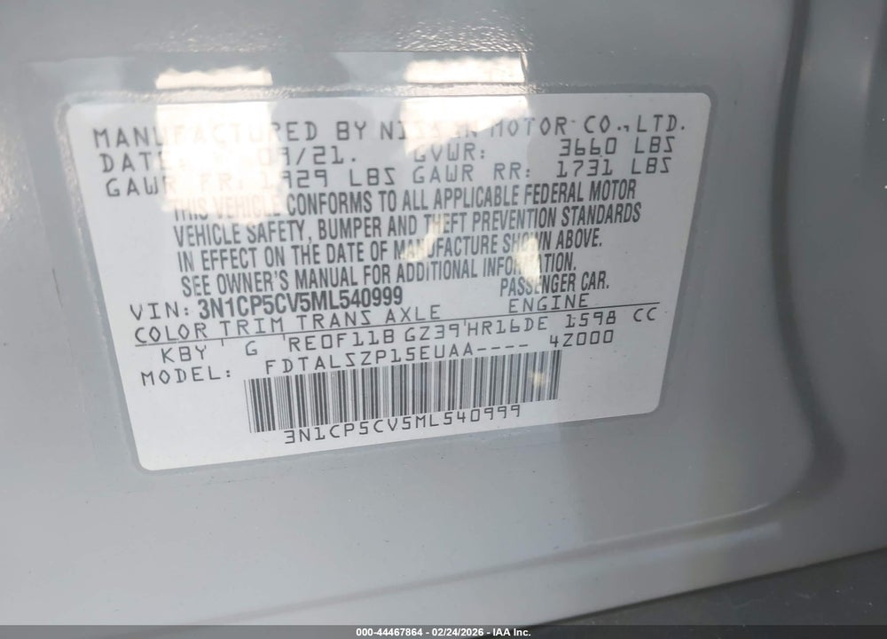 2021 NISSAN KICKS SV XTRONIC CVT VIN: 3N1CP5CV5ML540999