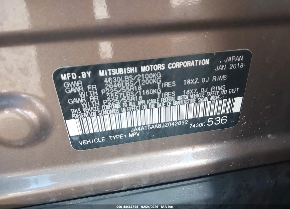 2018 MITSUBISHI ECLIPSE CROSS SEL VIN: JA4AT5AA8JZ042892