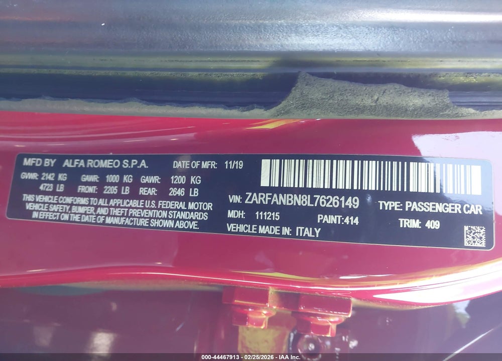 2020 ALFA ROMEO GIULIA TI AWD VIN: ZARFANBN8L7626149