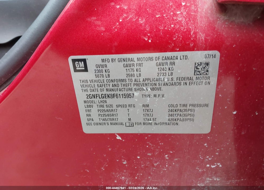 2015 CHEVROLET EQUINOX 2LT VIN: 2GNFLGEK8F6115957