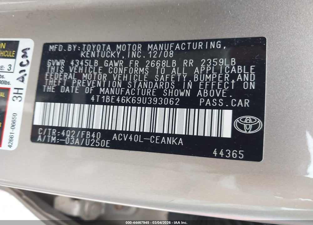 2009 TOYOTA CAMRY LE VIN: 4T1BE46K69U393062