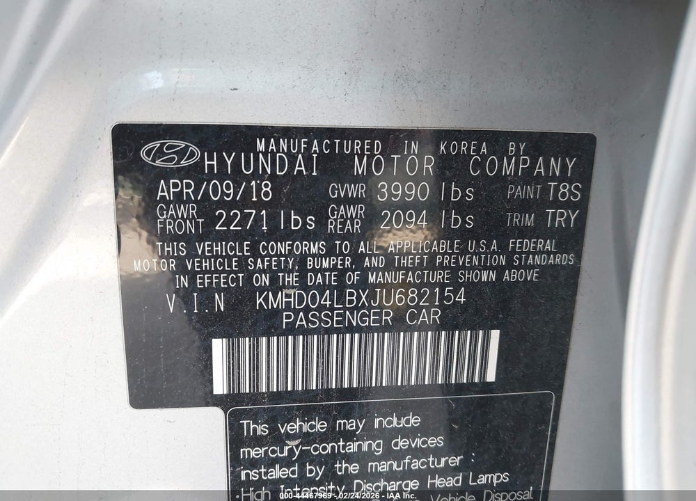 2018 HYUNDAI ELANTRA SPORT VIN: KMHD04LBXJU682154