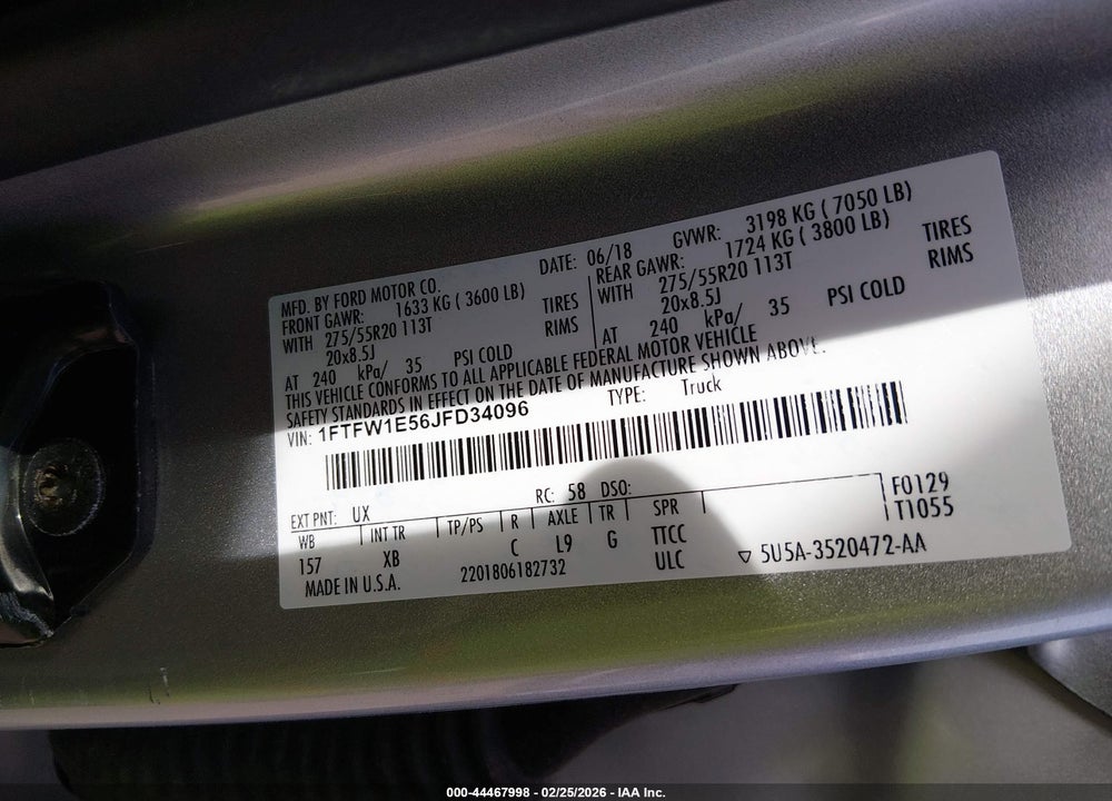2018 FORD F-150 XLT VIN: 1FTFW1E56JFD34096