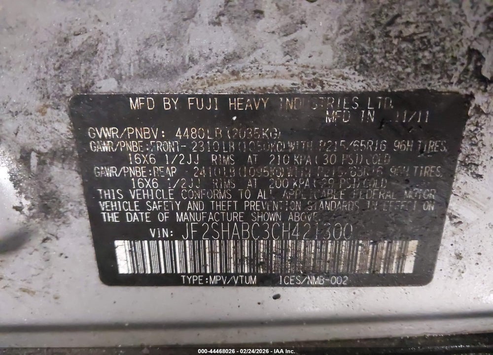 2012 SUBARU FORESTER 2.5X VIN: JF2SHABC3CH421300