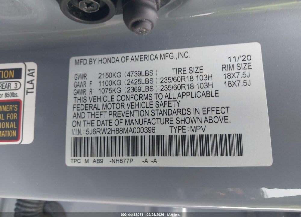 2021 HONDA CR-V AWD EX-L VIN: 5J6RW2H88MA000396