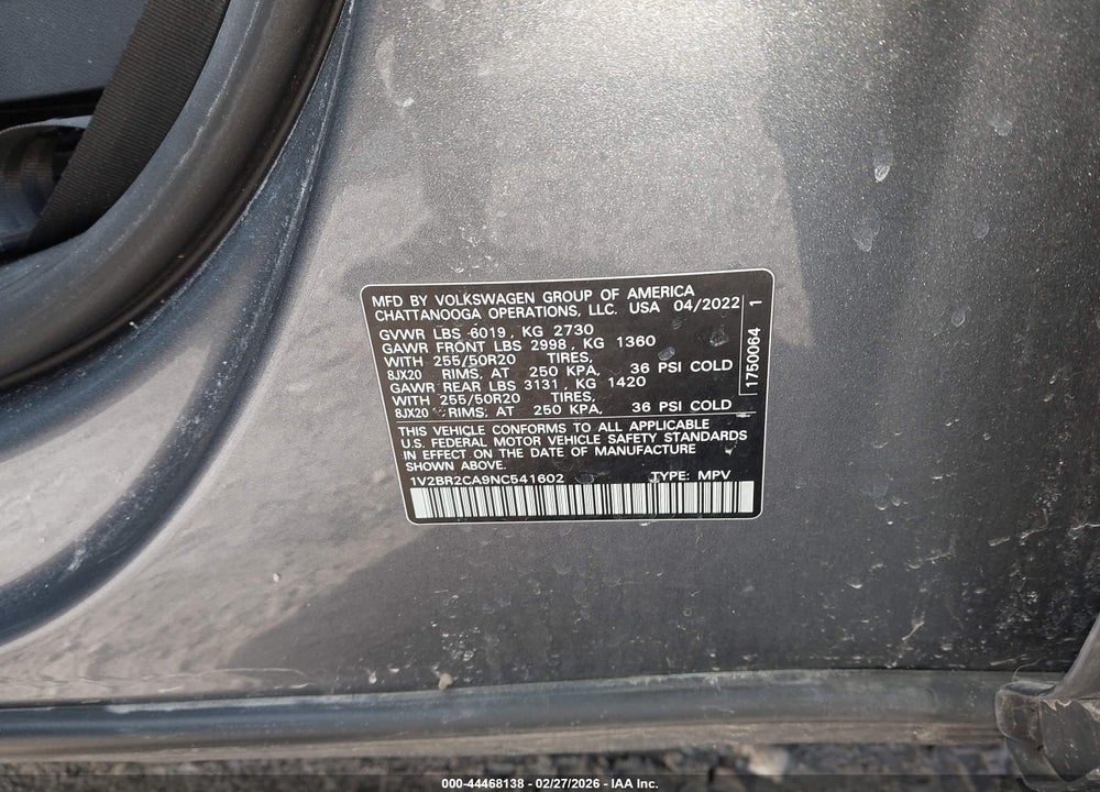 2022 VOLKSWAGEN ATLAS 3.6L V6 SEL VIN: 1V2BR2CA9NC541602