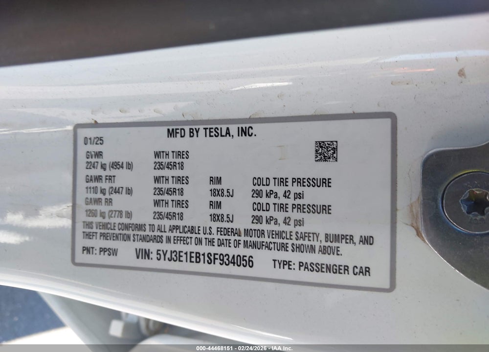 2025 TESLA MODEL 3 LONG RANGE ALL-WHEEL DRIVE VIN: 5YJ3E1EB1SF934056