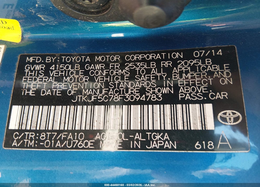 2015 SCION TC VIN: JTKJF5C78F3094783