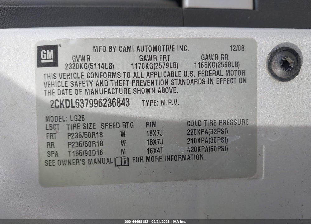 2009 PONTIAC TORRENT GXP VIN: 2CKDL637996236843