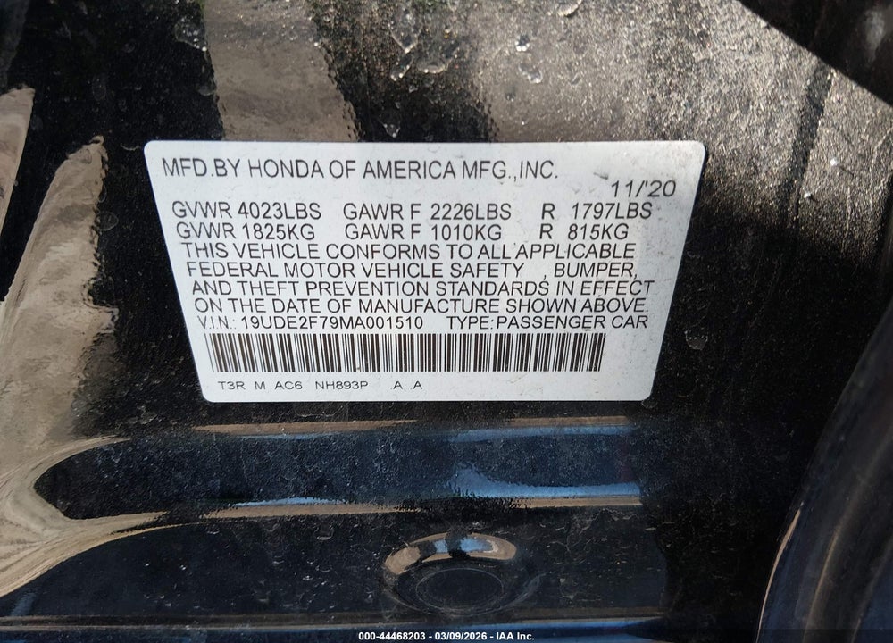 2021 ACURA ILX PREMIUM PACKAGE/TECHNOLOGY PACKAGE VIN: 19UDE2F79MA001510