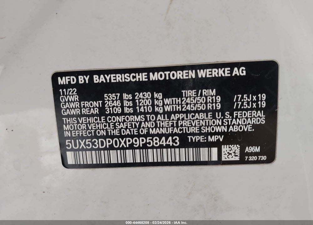 2023 BMW X3 XDRIVE30I VIN: 5UX53DP0XP9P58443