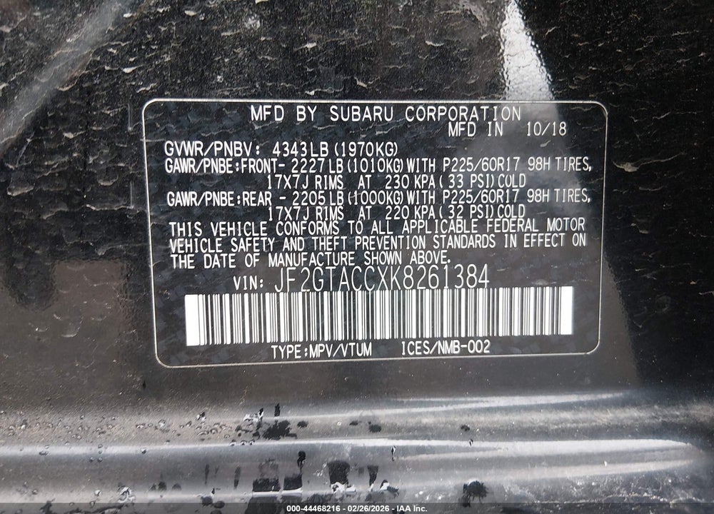 2019 SUBARU CROSSTREK 2.0I PREMIUM VIN: JF2GTACCXK8261384