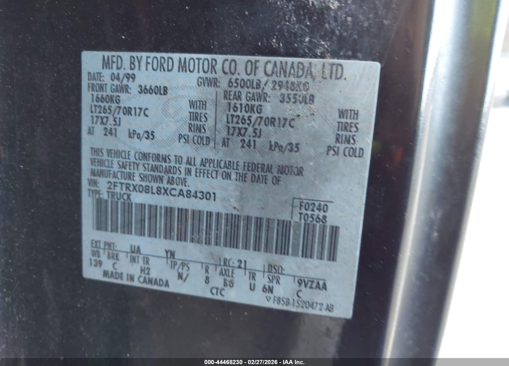 1999 FORD F-150 LARIAT/XL/XLT VIN: 2FTRX08L8XCA84301