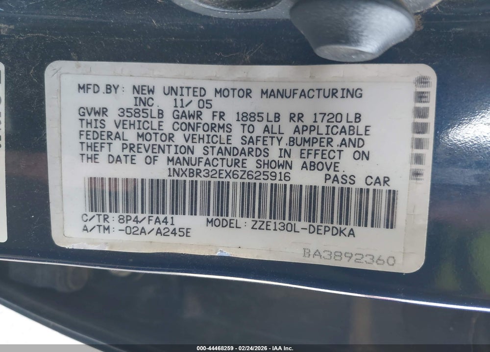 2006 TOYOTA COROLLA CE VIN: 1NXBR32EX6Z625916