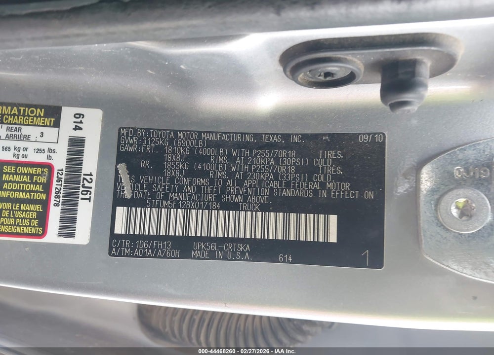 2011 TOYOTA TUNDRA GRADE 4.6L V8 VIN: 5TFUM5F12BX017184