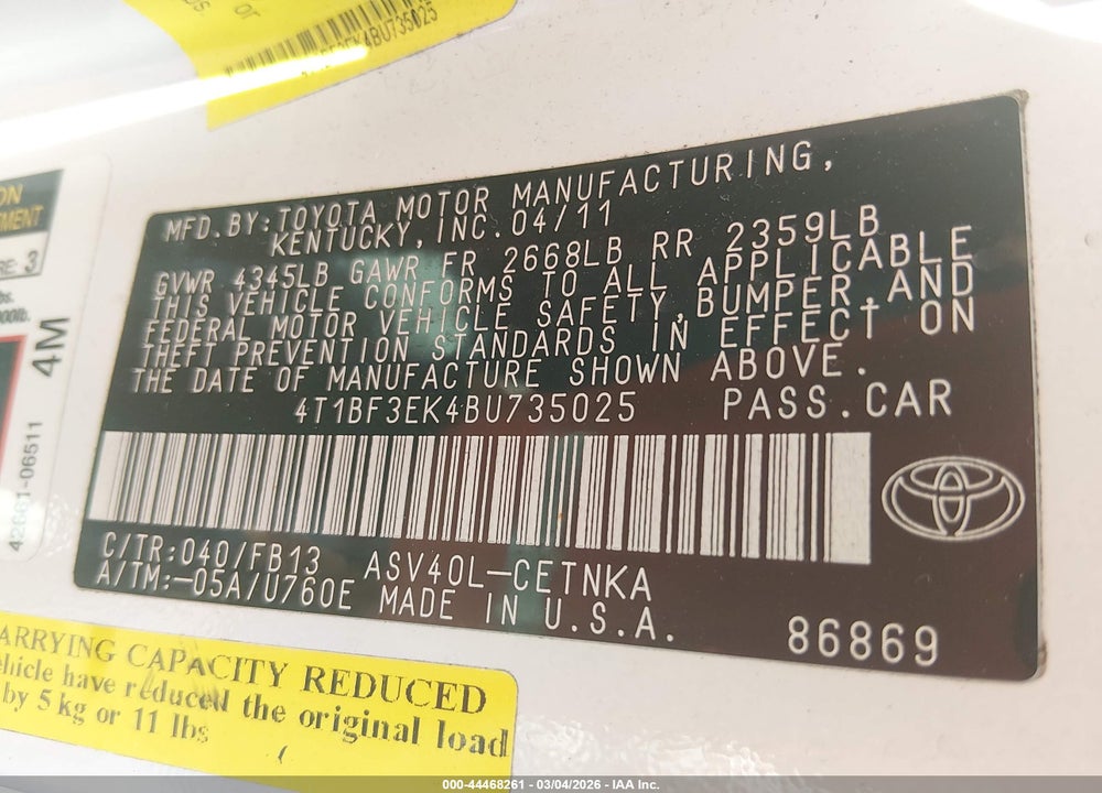 2011 TOYOTA CAMRY LE VIN: 4T1BF3EK4BU735025