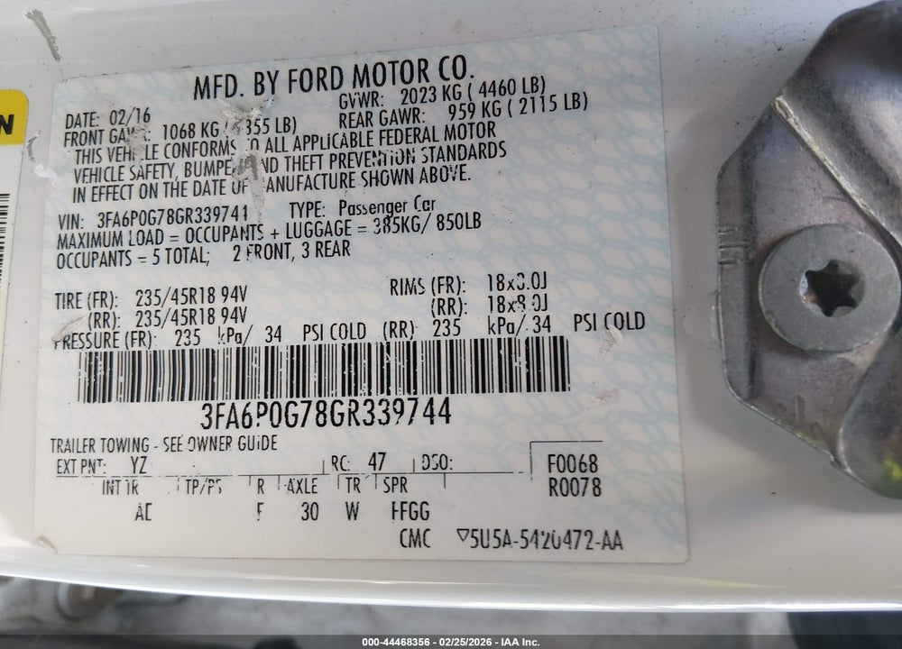 2016 FORD FUSION S VIN: 3FA6P0G78GR339744