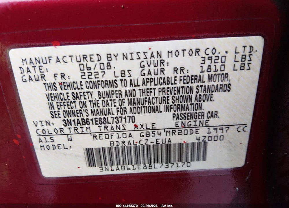 2008 NISSAN SENTRA 2.0 VIN: 3N1AB61E88L737170
