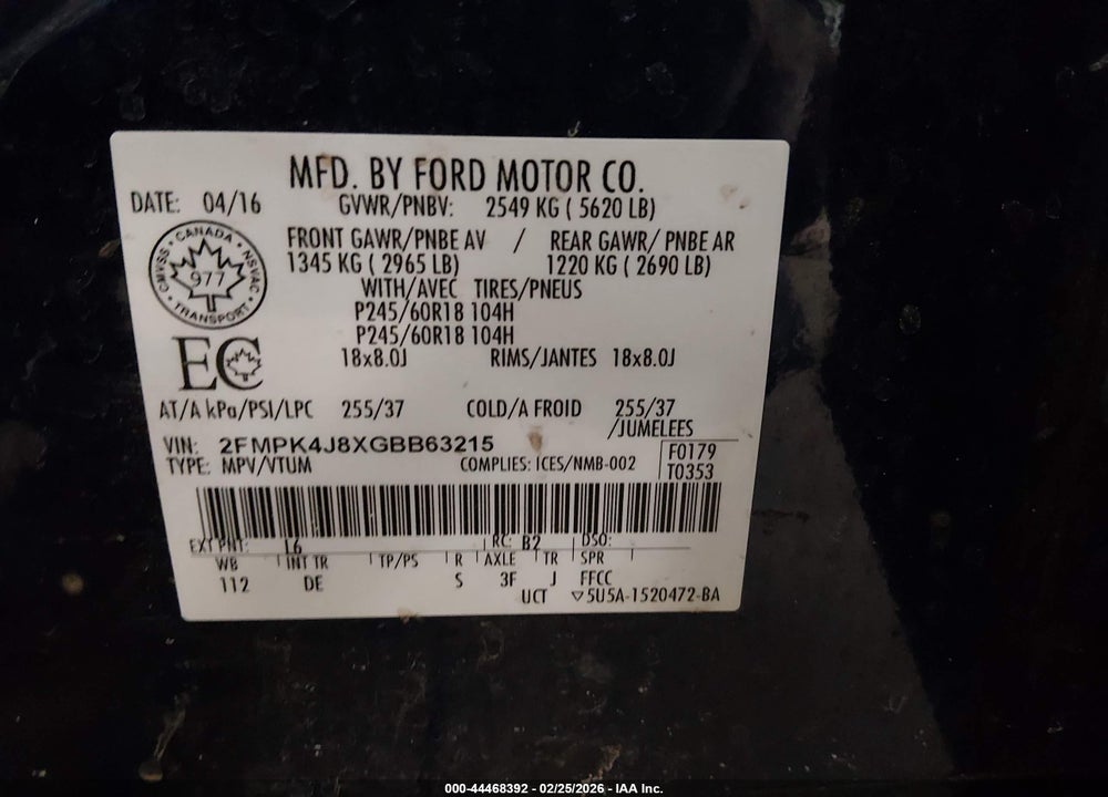 2016 FORD EDGE SEL VIN: 2FMPK4J8XGBB63215