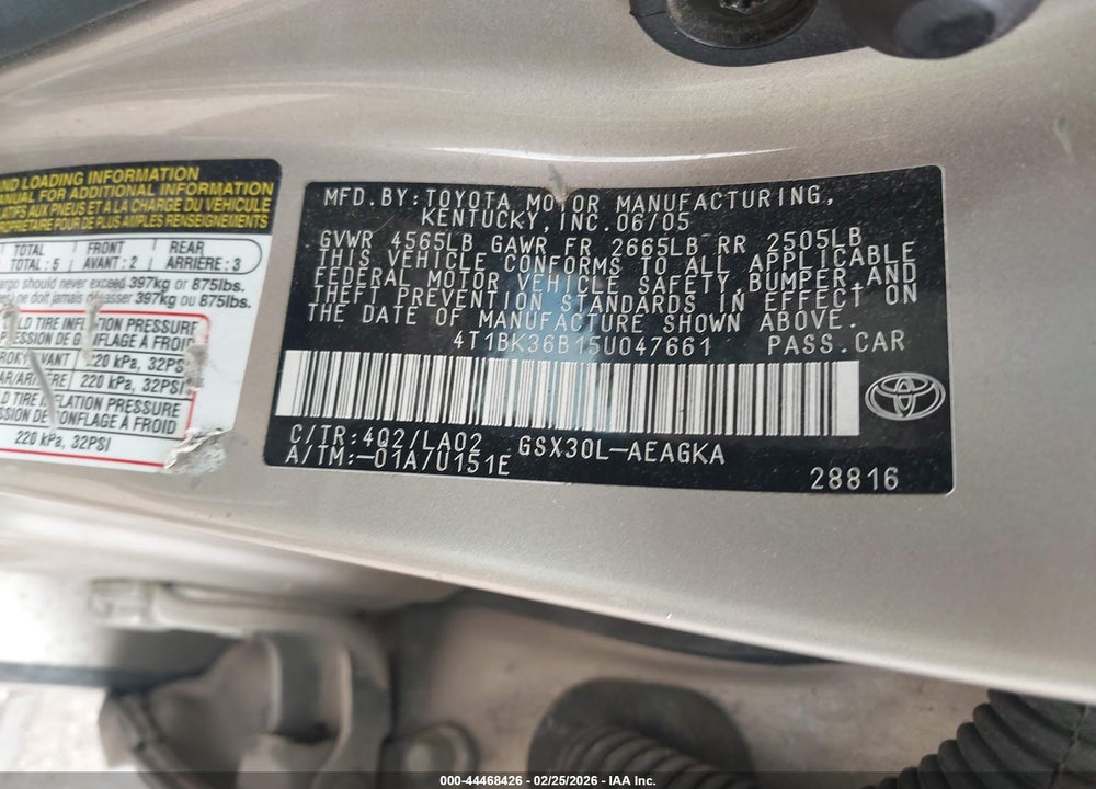 2005 TOYOTA AVALON XLS VIN: 4T1BK36B15U047661
