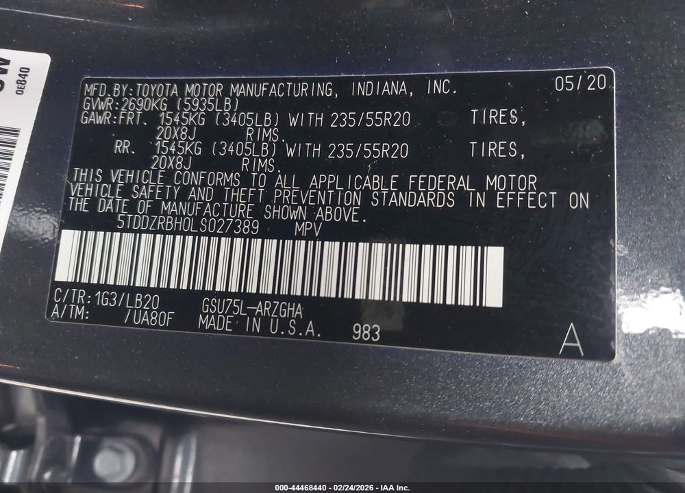 2020 TOYOTA HIGHLANDER LIMITED VIN: 5TDDZRBH0LS027389