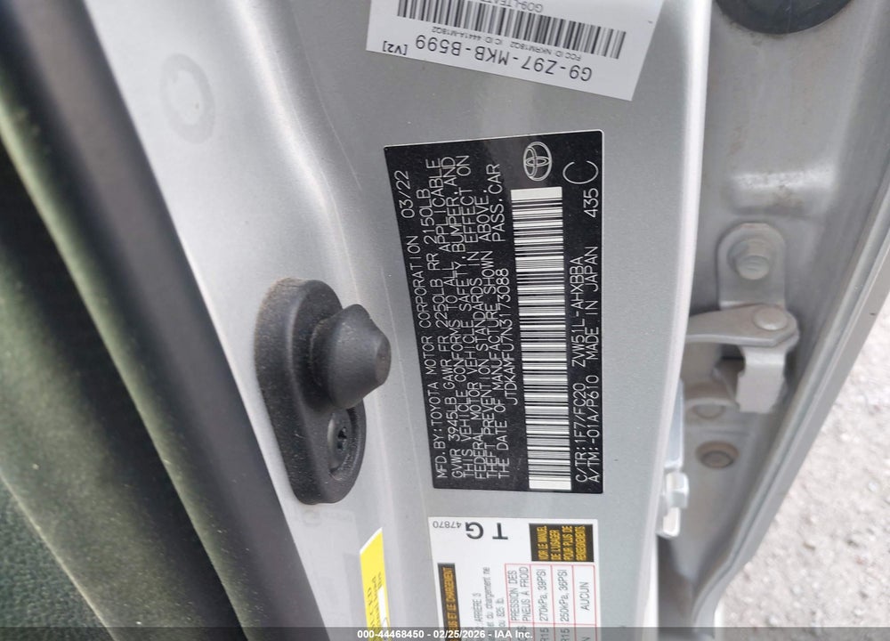 2022 TOYOTA PRIUS L VIN: JTDKAMFU7N3173088