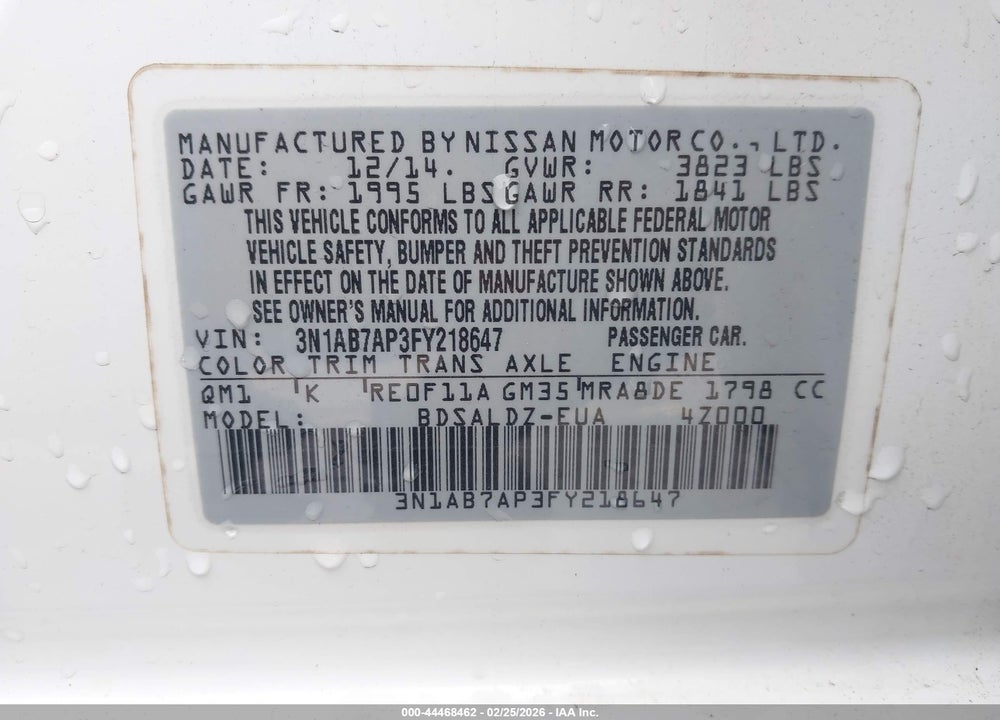 2015 NISSAN SENTRA FE+ S/S/SL/SR/SV VIN: 3N1AB7AP3FY218647
