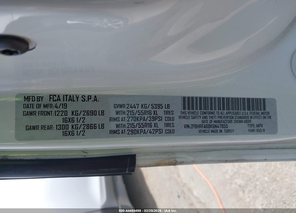2019 RAM PROMASTER VIN: ZFBHRFAB8K6N47855