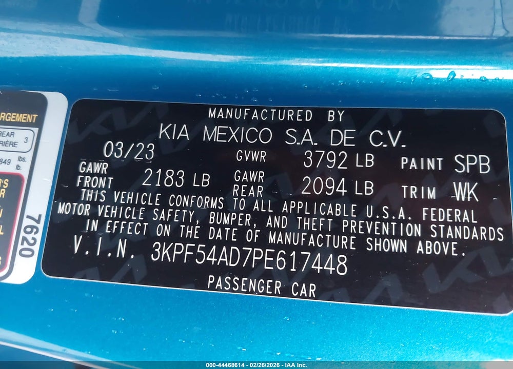 2023 KIA FORTE GT-LINE VIN: 3KPF54AD7PE617448