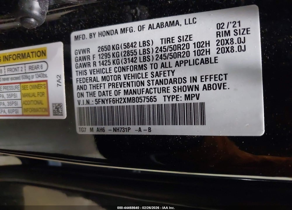 2021 HONDA PILOT AWD SPECIAL EDITION VIN: 5FNYF6H2XMB057565