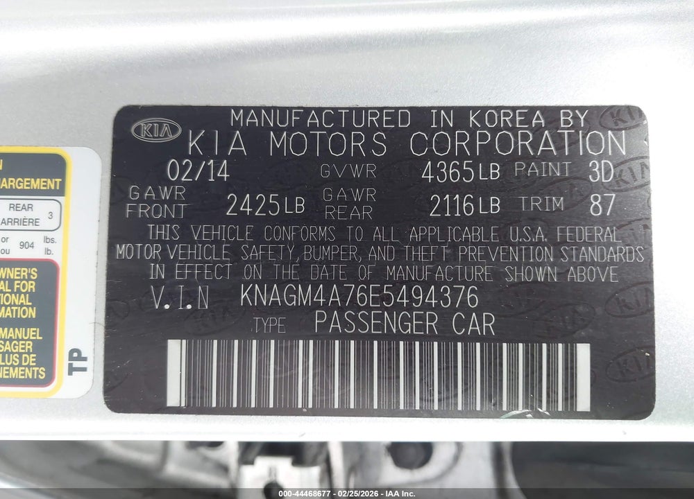 2014 KIA OPTIMA LX VIN: KNAGM4A76E5494376