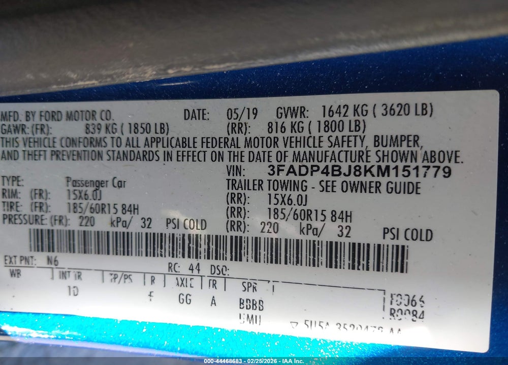 2019 FORD FIESTA SE VIN: 3FADP4BJ8KM151779