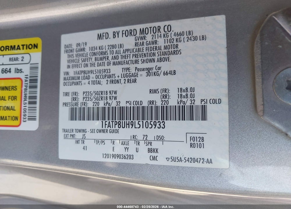 2020 FORD MUSTANG VIN: 1FATP8UH9L5105933