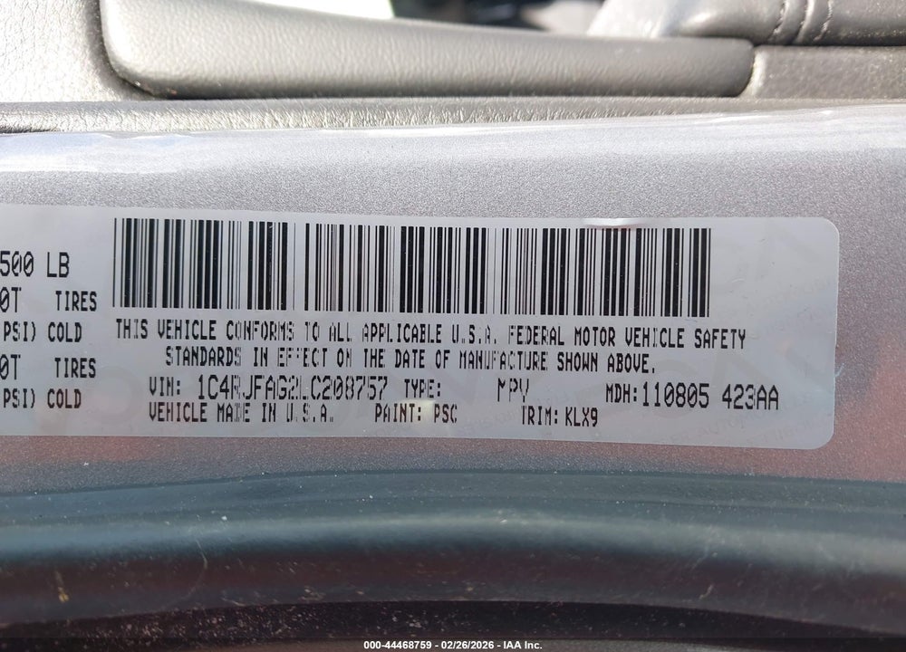 2020 JEEP GRAND CHEROKEE LAREDO E 4X4 VIN: 1C4RJFAG2LC208757