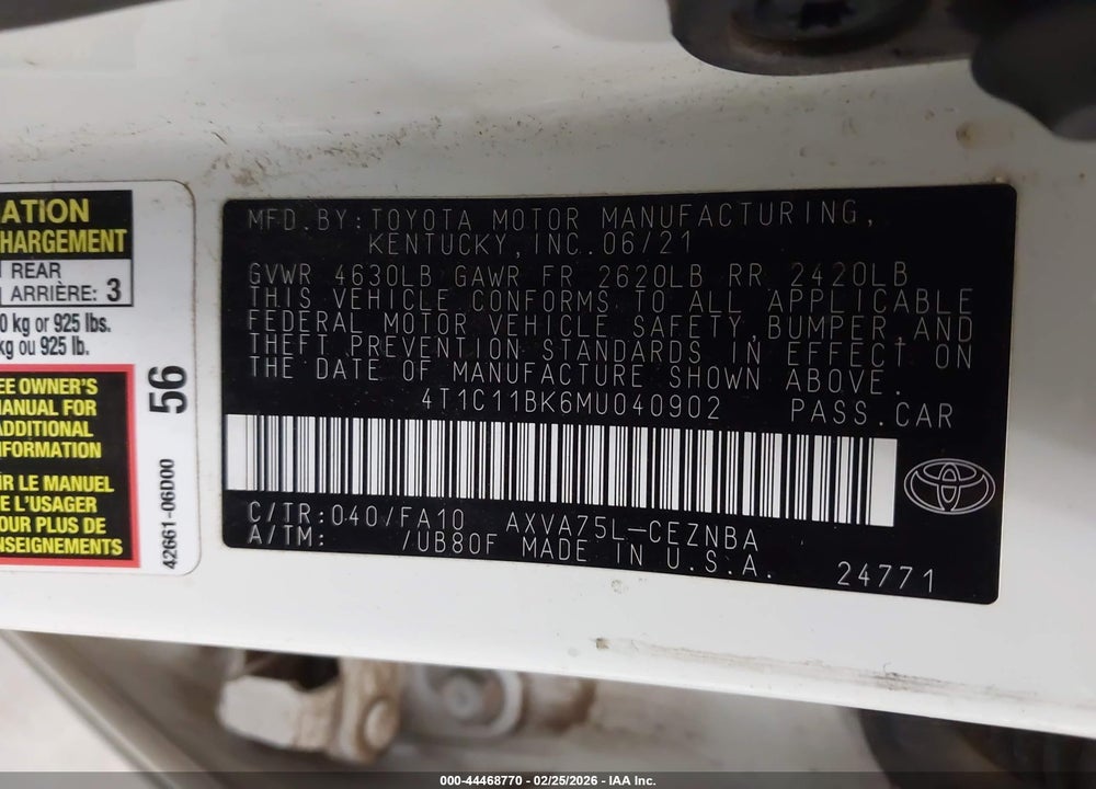 2021 TOYOTA CAMRY LE AWD VIN: 4T1C11BK6MU040902