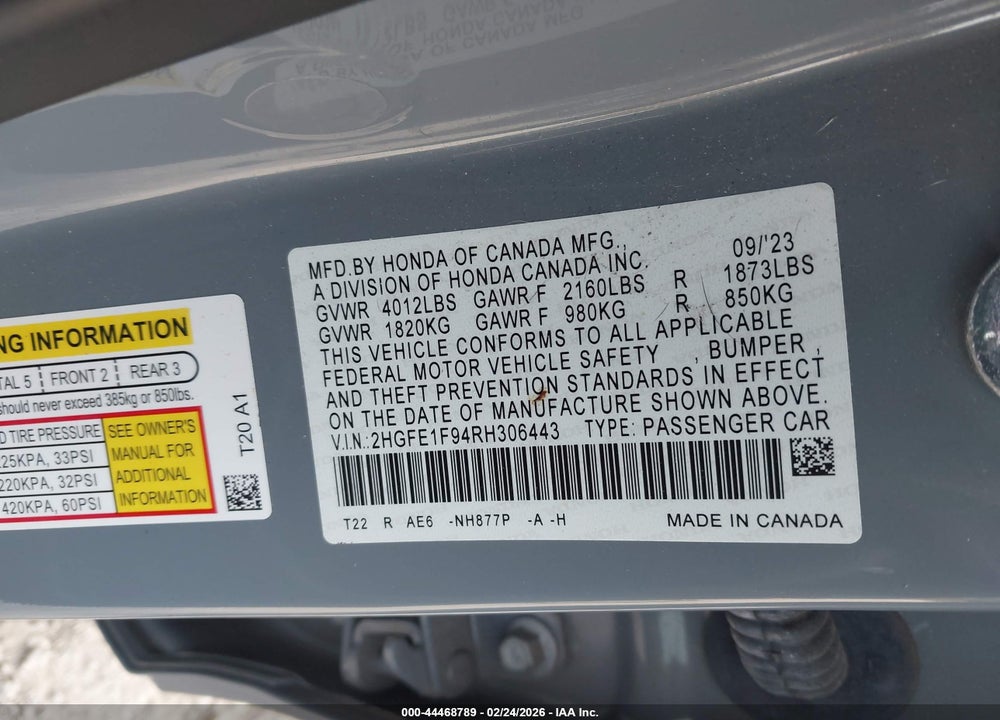 2024 HONDA CIVIC TOURING VIN: 2HGFE1F94RH306443