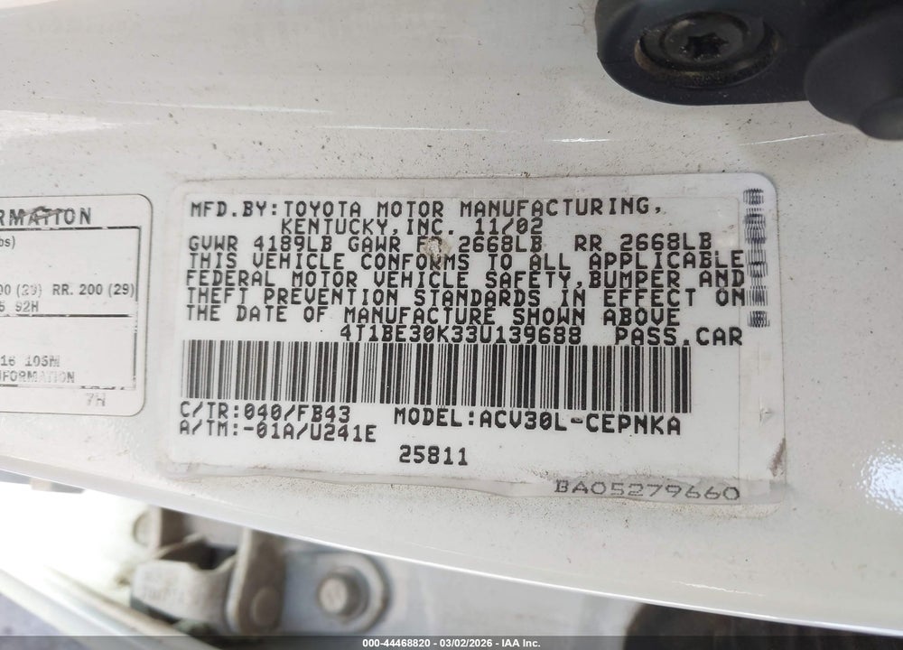 2003 TOYOTA CAMRY LE VIN: 4T1BE30K33U139688