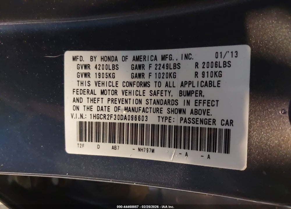 2013 HONDA ACCORD LX VIN: 1HGCR2F30DA096603