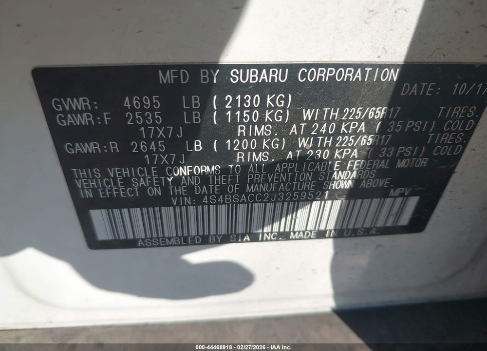 2018 SUBARU OUTBACK 2. VIN: 4S4BSACC2J3259521