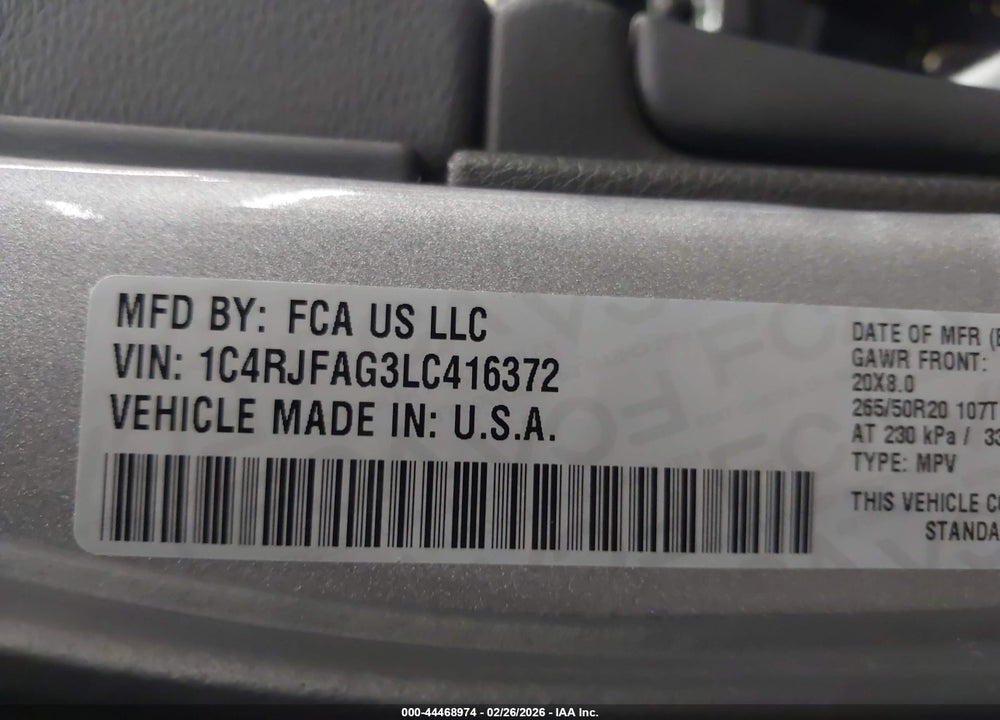 2020 JEEP GRAND CHEROKEE ALTITUDE 4X4 VIN: 1C4RJFAG3LC416372
