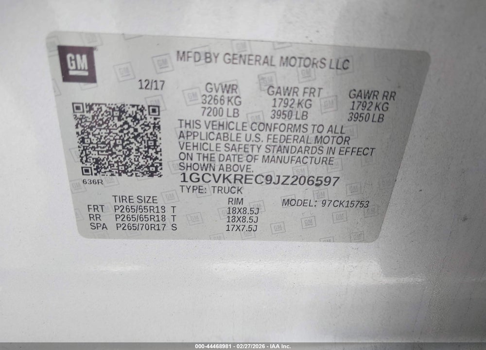 2018 CHEVROLET SILVERADO 1500 2LT VIN: 1GCVKREC9JZ206597