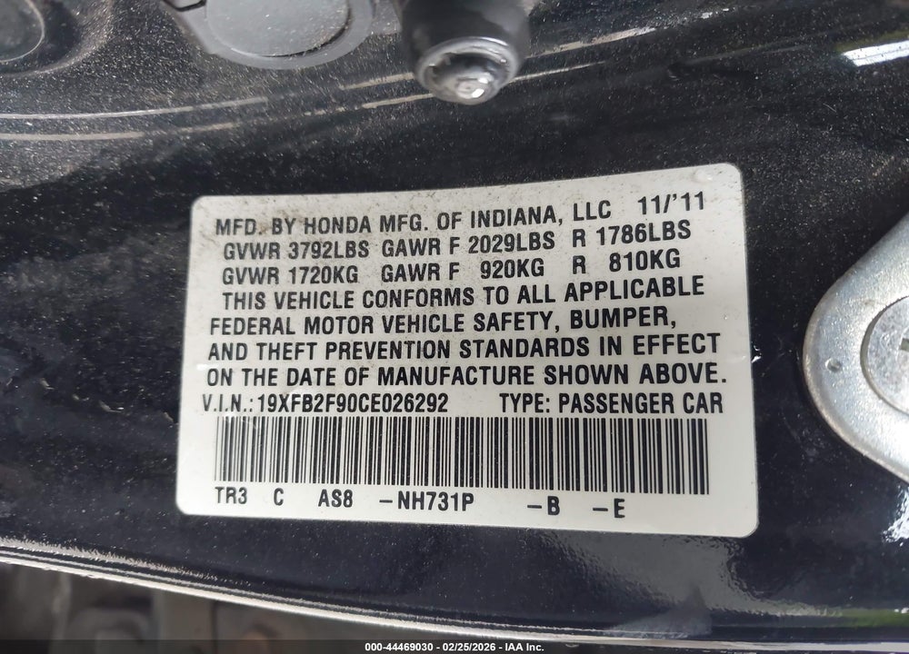 2012 HONDA CIVIC EX-L VIN: 19XFB2F90CE026292