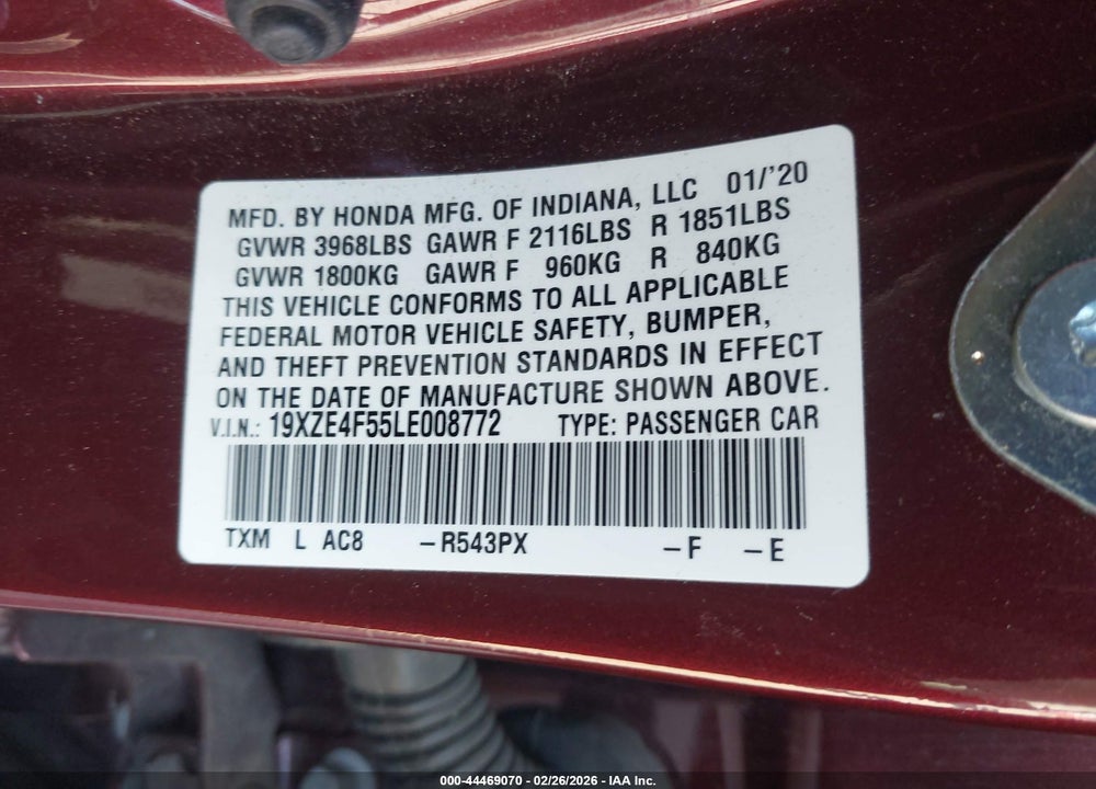 2020 HONDA INSIGHT EX VIN: 19XZE4F55LE008772