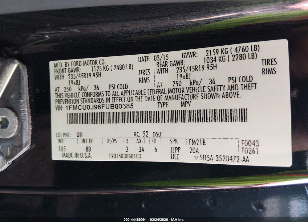 2015 FORD ESCAPE TITANIUM VIN: 1FMCU0J96FUB80385